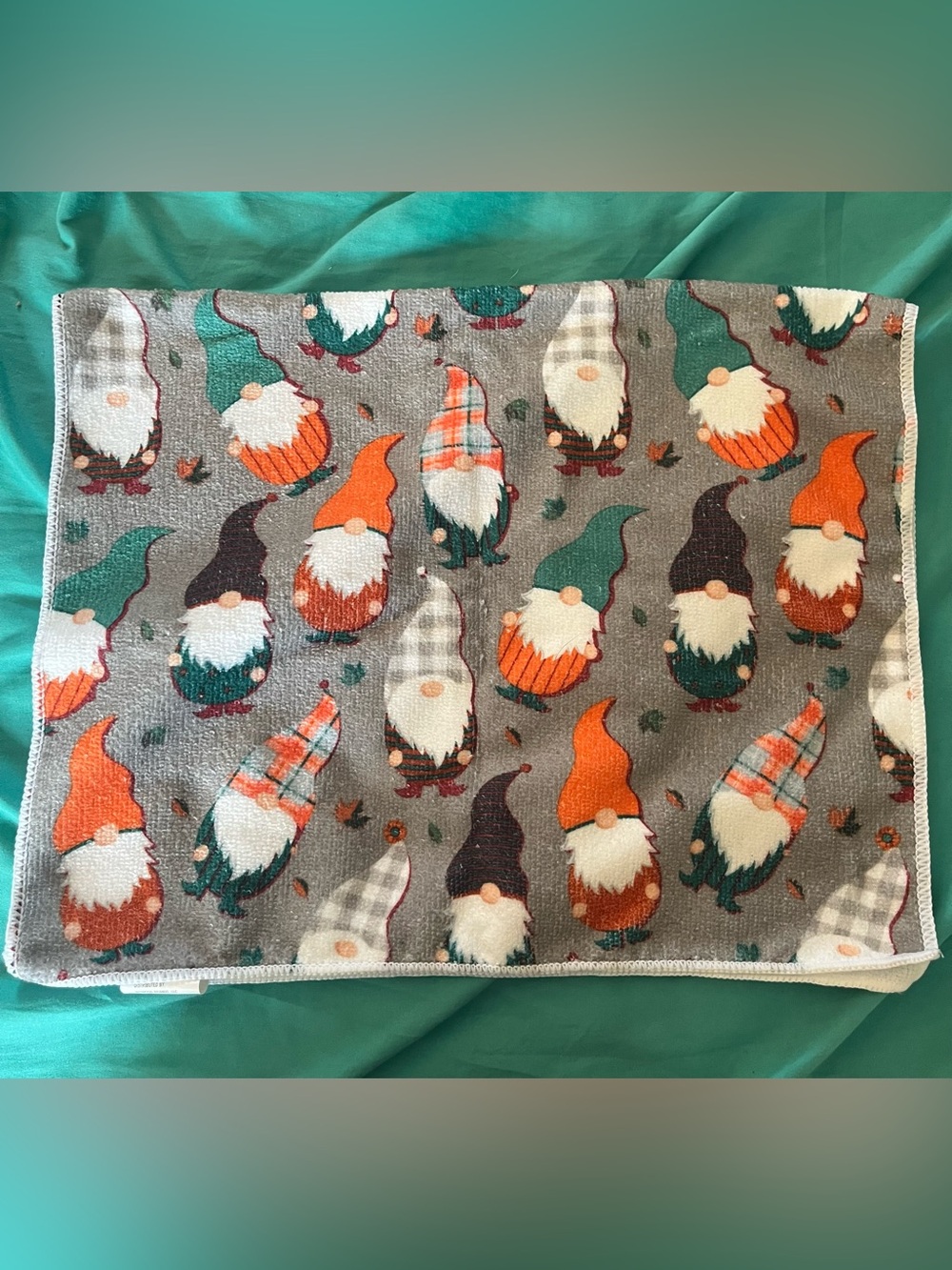 Gnome Pattern Kitchen Towel - Gray with Orange & Teal